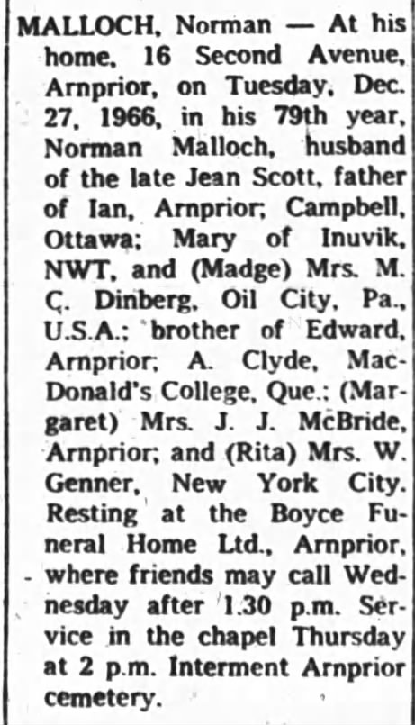 Obituary for Norman Malloch in the Ottawa Journal (Ottawa ONT) 27 Dec 1966