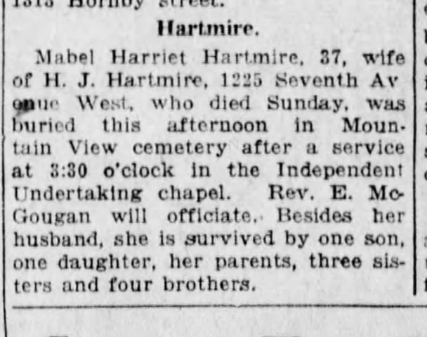 Obituary for Mabel Harriet Hartmire (Hartmier) in Vancouver Daily World (Vancouver BC) 17 Jan 1924