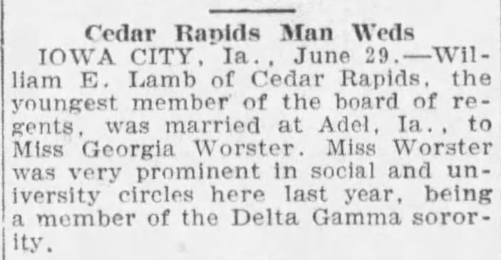 William Edward Lamb/Georgia Young Worster's Marriage Announcement