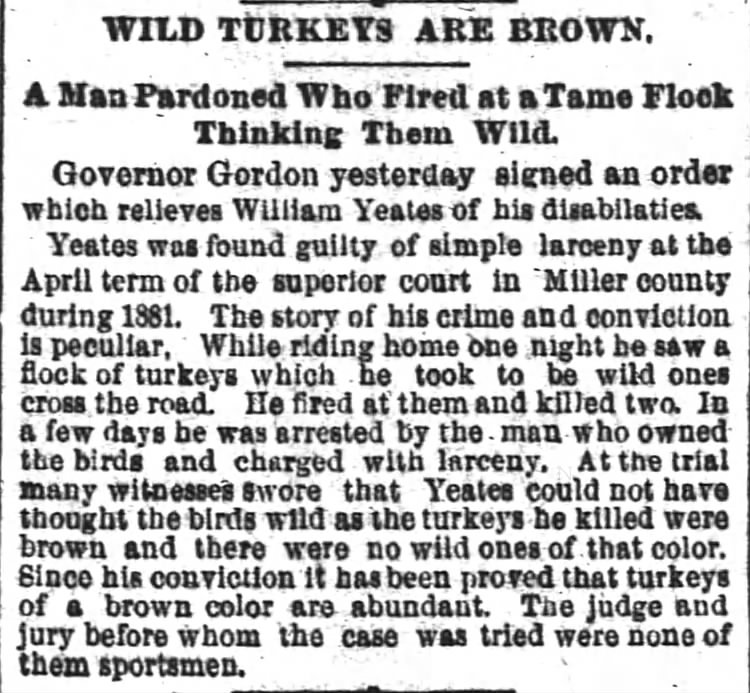 William Yeates pardoned for killing turkeys