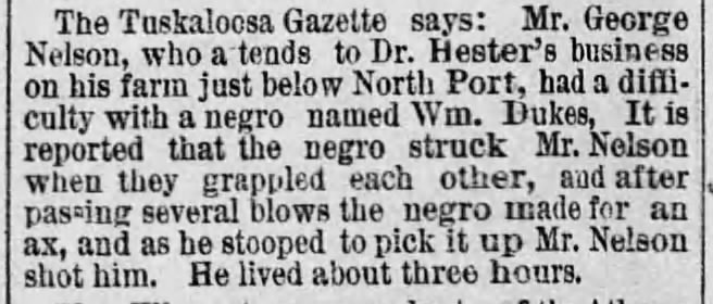 "Dr. Hester", "Wm. Dukes", Mr. Nelson, "negro", "shot", Alabama