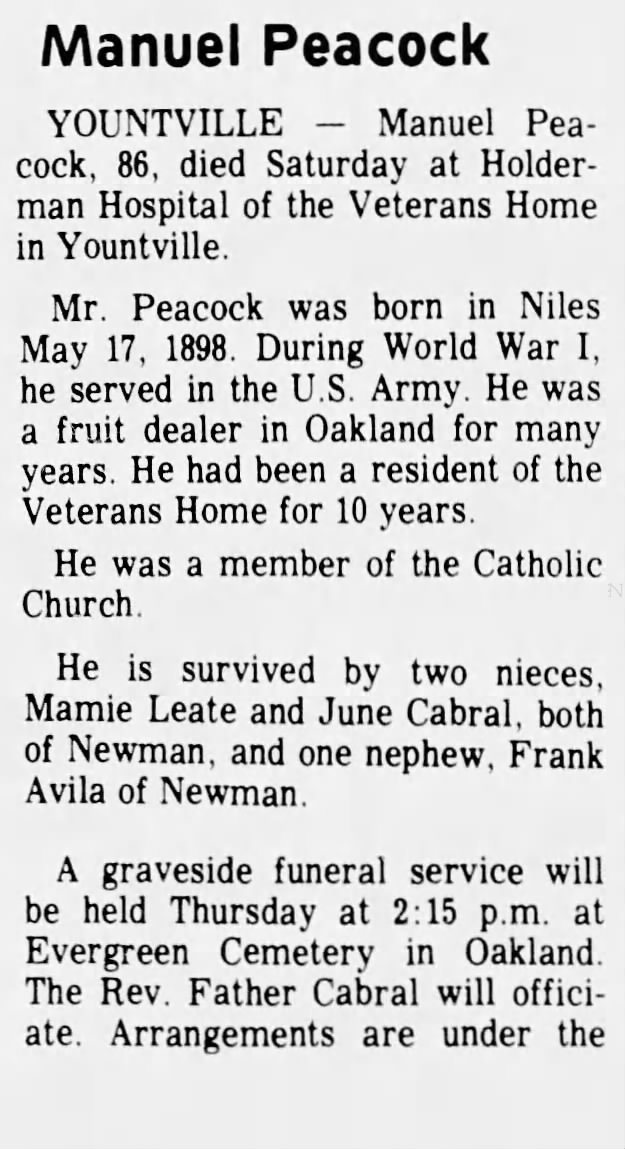 Obituary for Manuel Peacock (Aged 86)