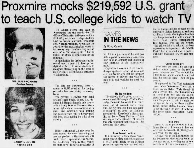 Proxmire mocks $219,592 U.S. grant to teach U.S. college kids to watch TV