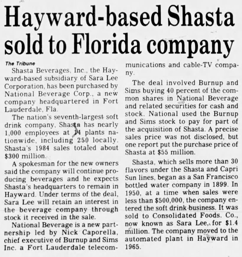 Hayward-based Shasta sold to Florida company