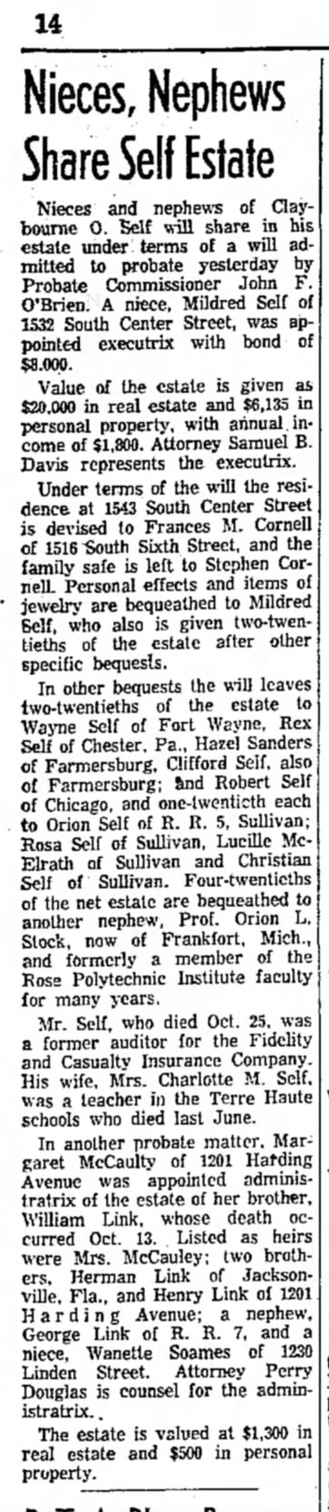 Nieces and Nephews share Self estate, Terre Haute Star, 30 October 1957, page 14 column1.