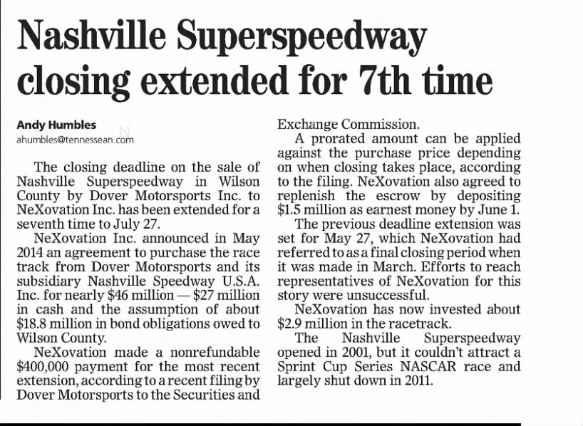 Nashville Superspeedway closing extended for 7th time