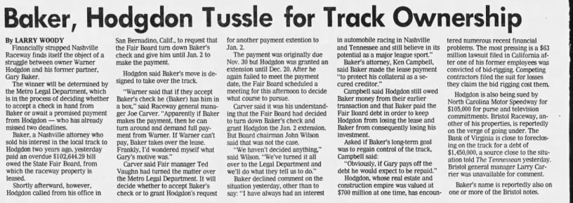 Baker, Hodgdon Tussle for Track Ownership