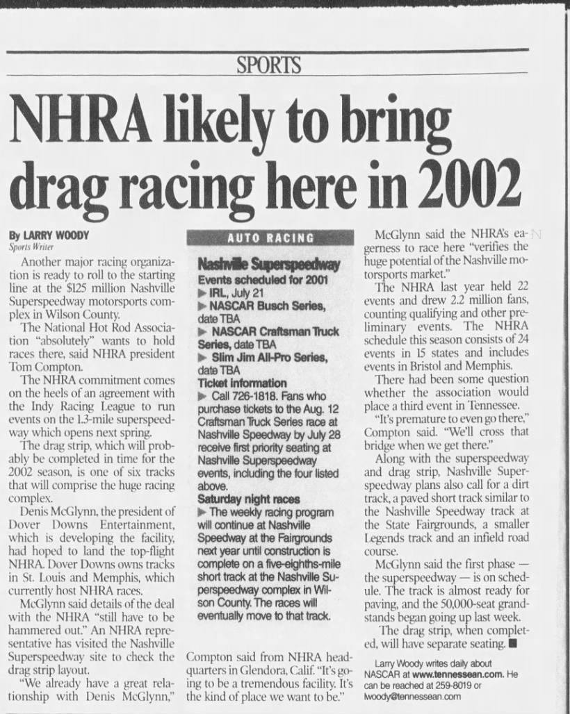 NHRA likely to bring drag racing here in 2002