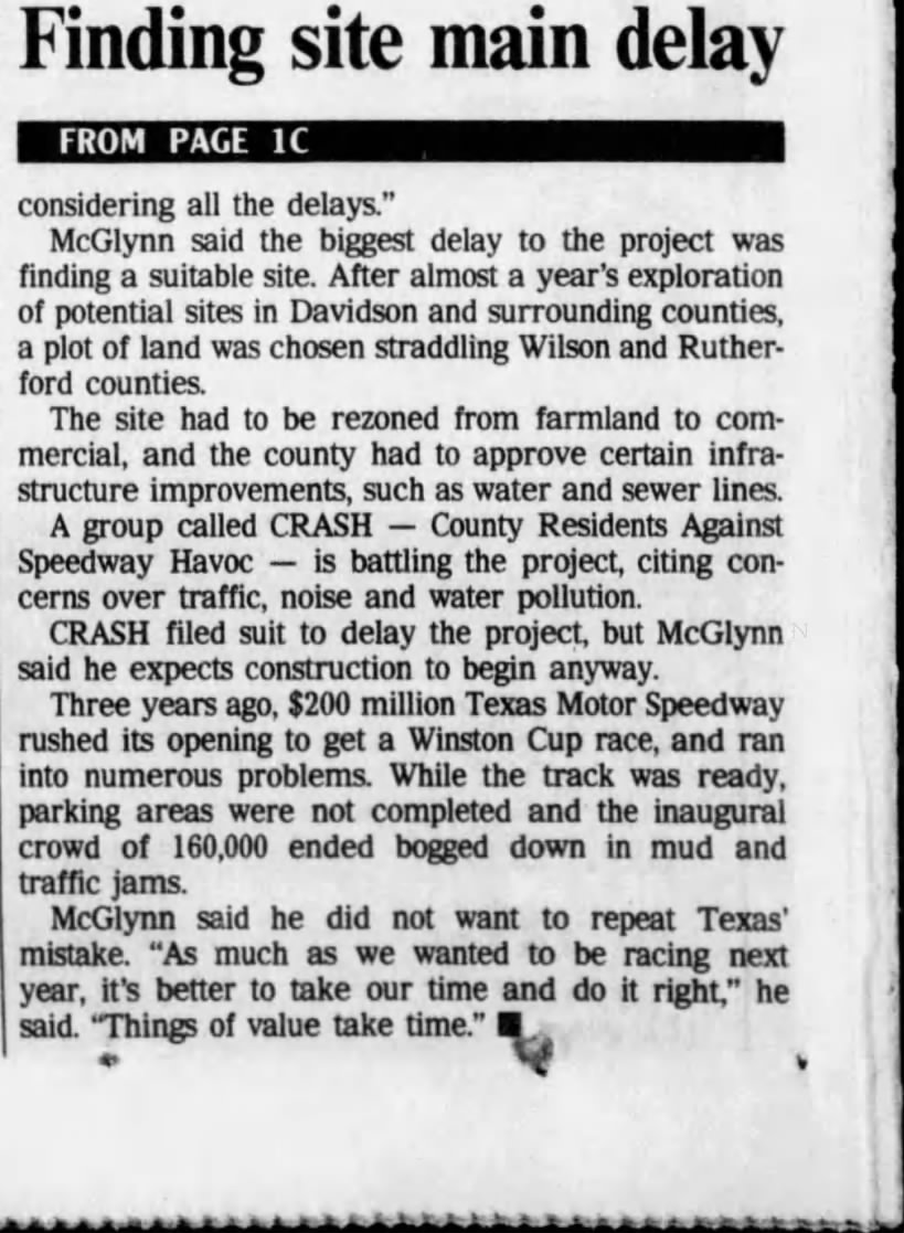 Speedway opening on hold until 2001 (Part 2)