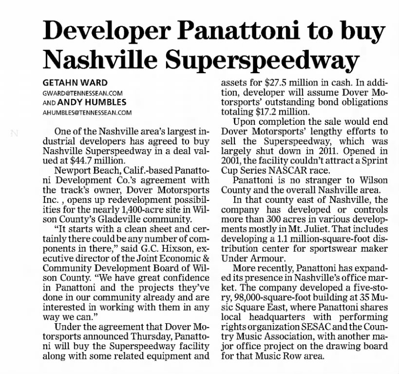 Developer Panattoni to buy Nashville Superspeedway