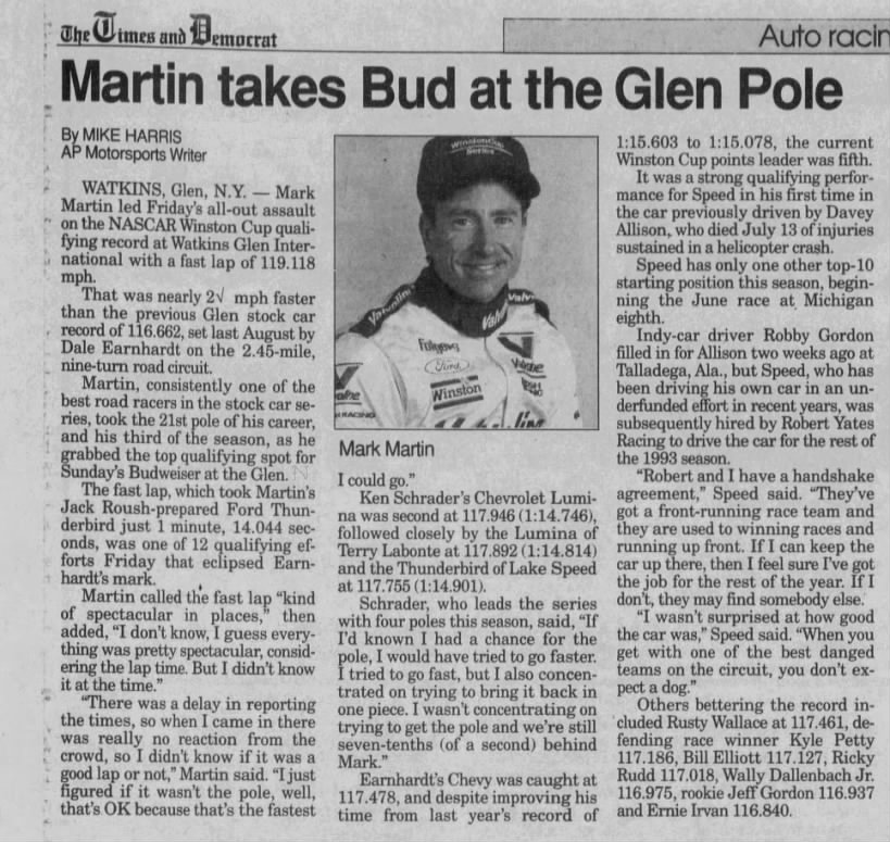 Martin takes Bud at the Glen pole
