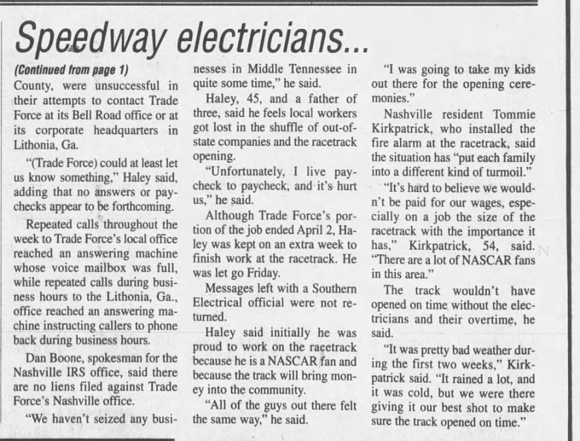 Speedway electricians go unpaid (Part 2)