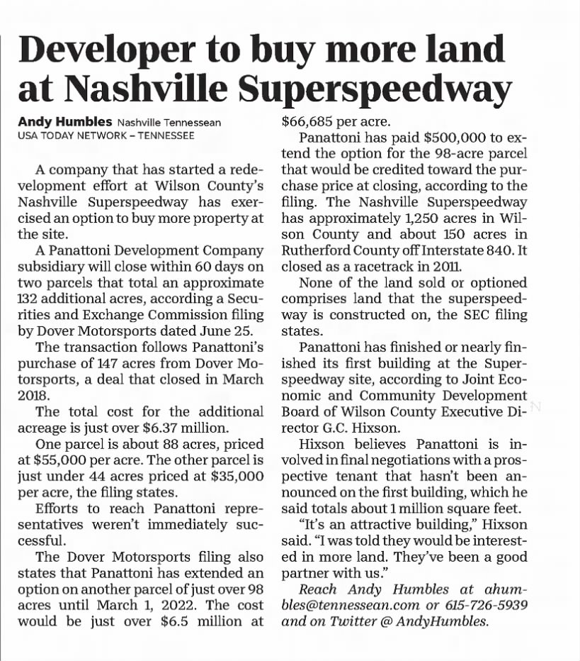 Developer to buy more land at Nashville Superspeedway