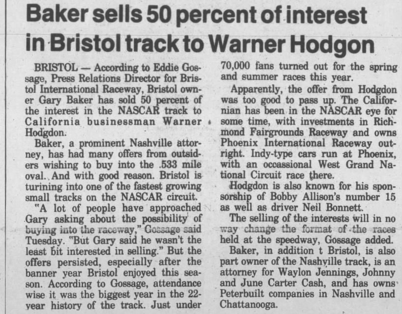 Baker sells 50 percent of interest in Bristol track to Warner Hodgdon