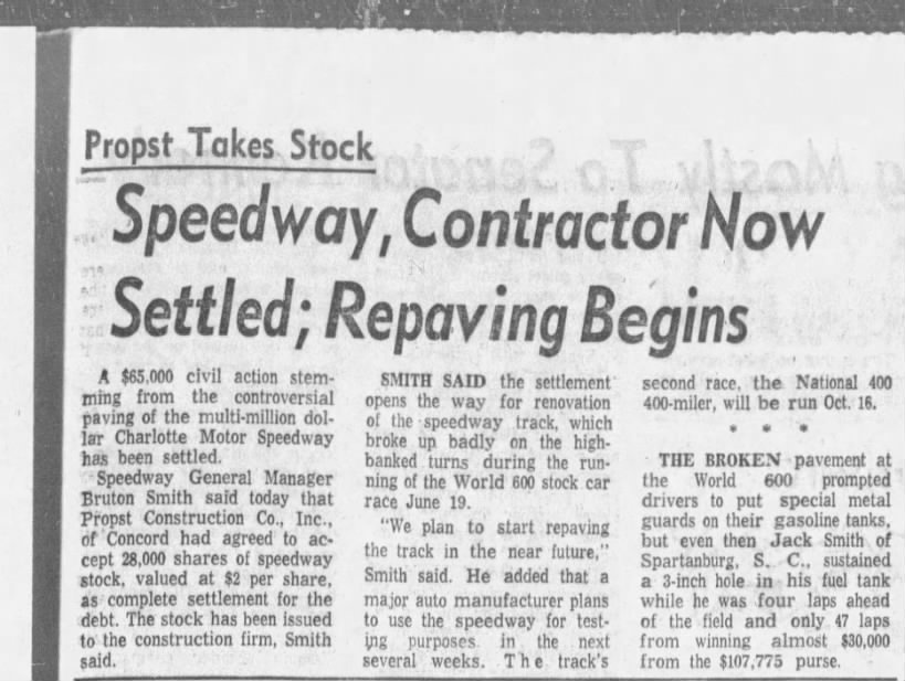 Speedway, Contractor Now Settled; Repaving Begins