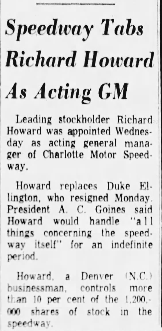 Speedway Tabs Richard Howard As Acting GM