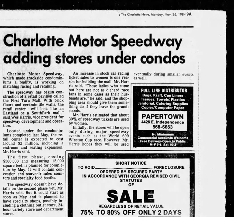 Charlotte Motor Speedway adding stores under condos