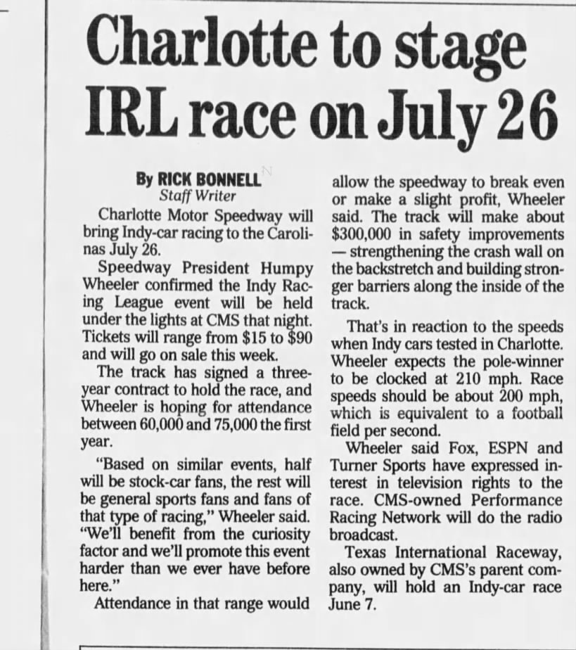 Charlotte to stage IRL race on July 26