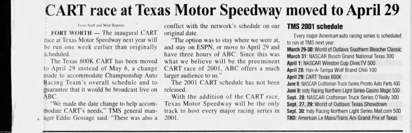 CART race at Texas Motor Speedway moved to April 29