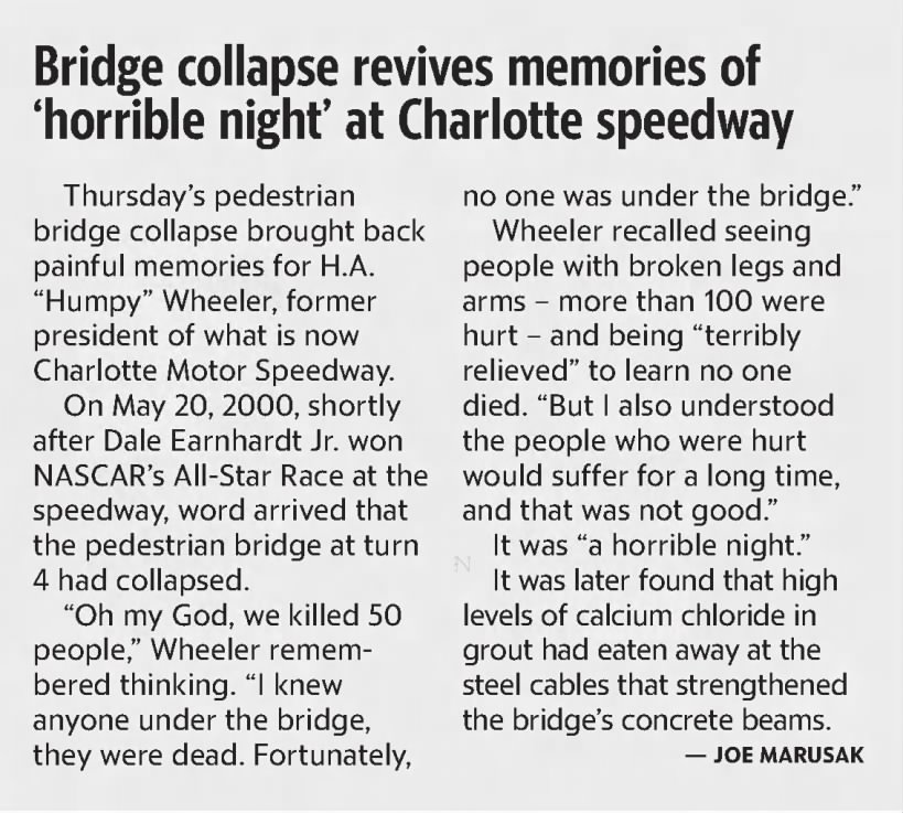 Bridge collapse revives memories of 'horrible night' at Charlotte speedway