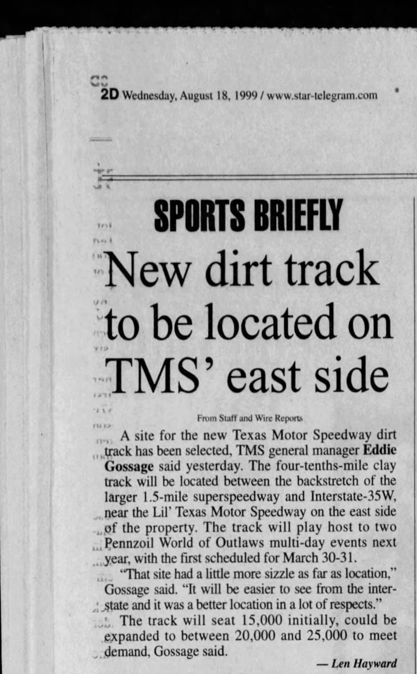 New dirt track to be located on TMS' east side