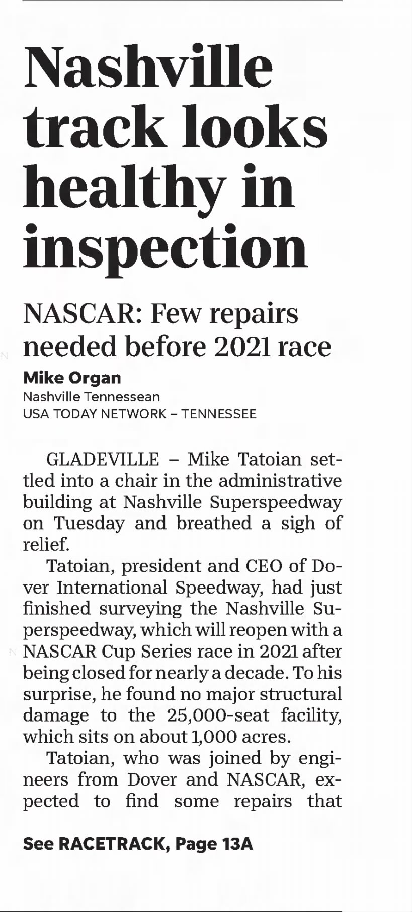 Nashville track looks healthy in inspection (Part 1)
