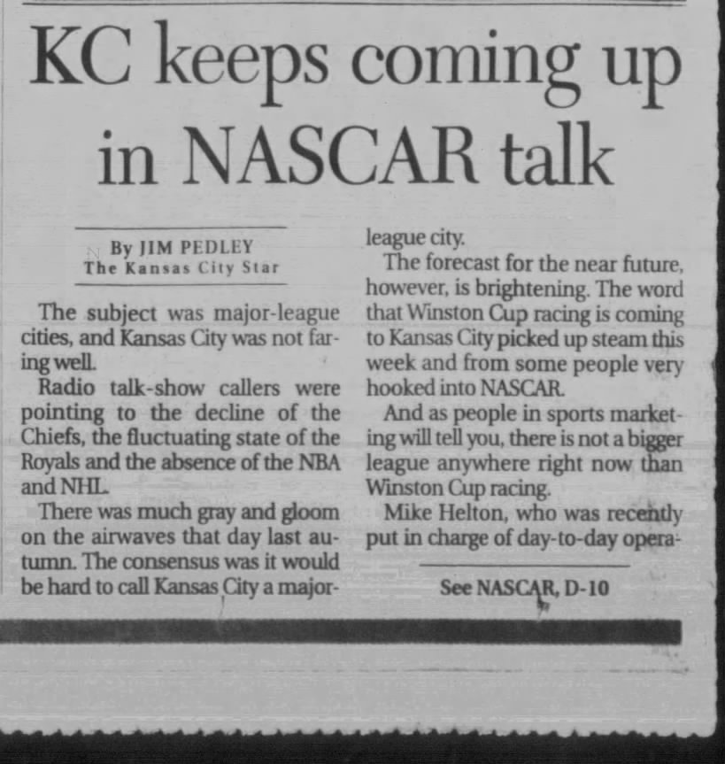 KC keeps coming up in NASCAR talk (Part 1)