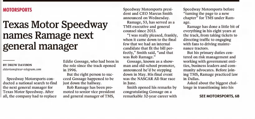 Texas Motor Speedway names Ramage next general manager (Part 1)