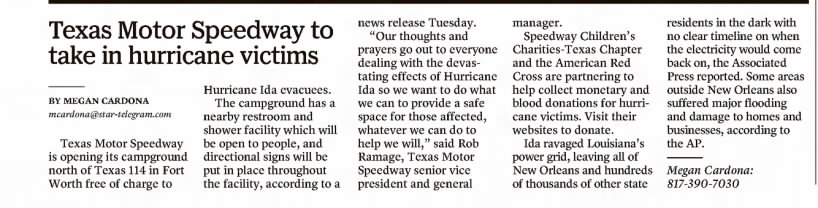 Texas Motor Speedway to take in hurricane victims