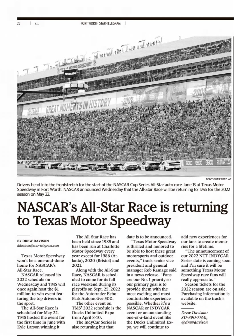 NASCAR's All-Star Race is returning to Texas Motor Speedway