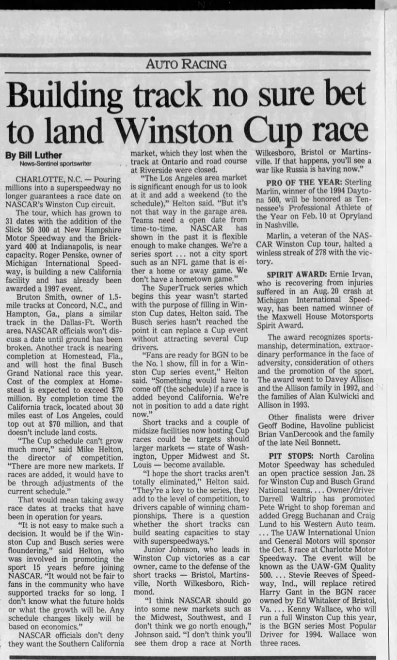 Building track no sure bet to land Winston Cup race