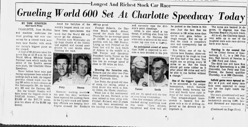 Grueling World 600 Set At Charlotte Speedway Today (Part 1)