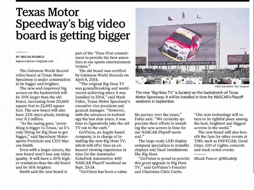 Texas Motor Speedway's big video board is getting bigger