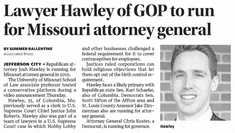 Lawyer Hawley of GOP to run for Missouri attorney general