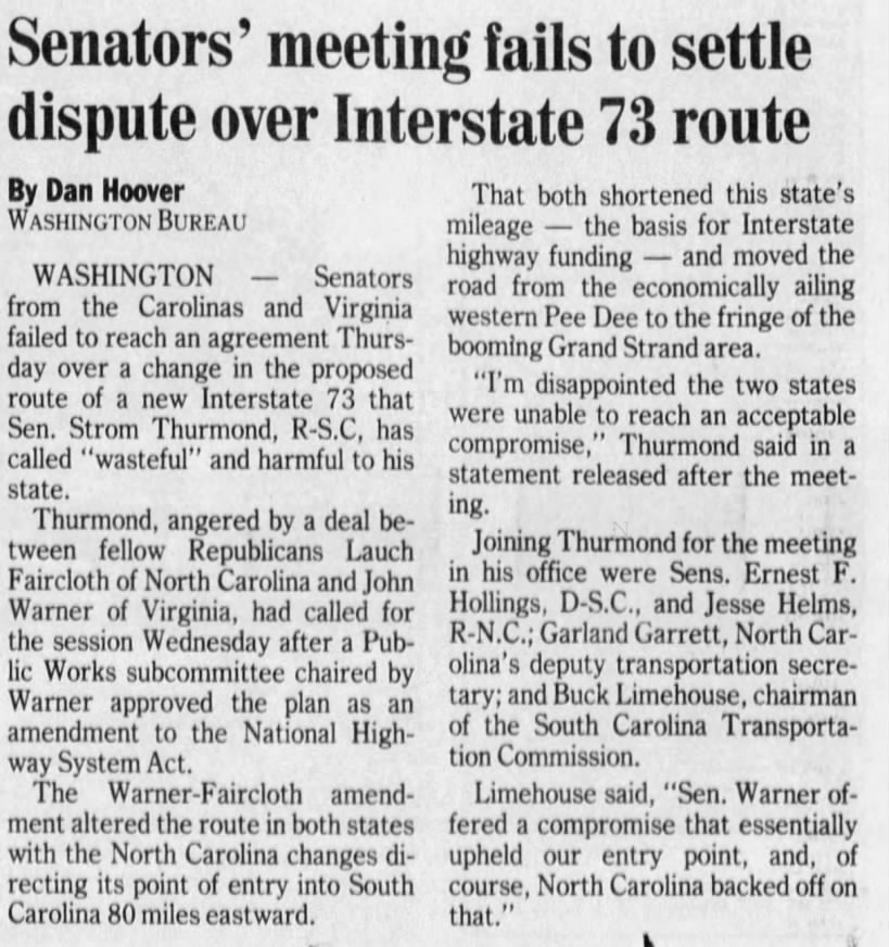 Senators' meeting fails to settle dispute over Interstate 73 route