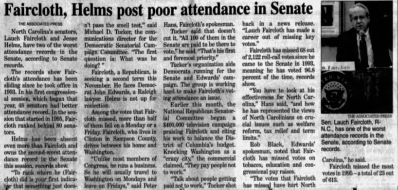 Faircloth, Helms post poor attendance in Senate