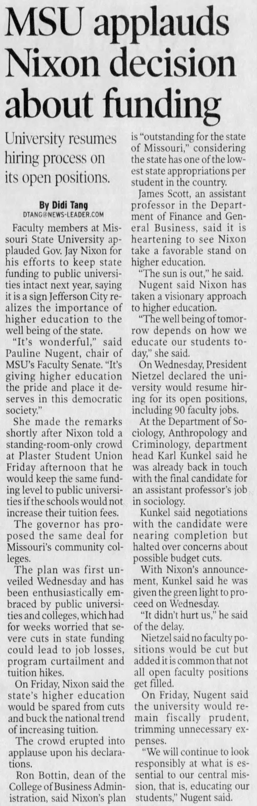 MSU applauds Nixon decision about funding