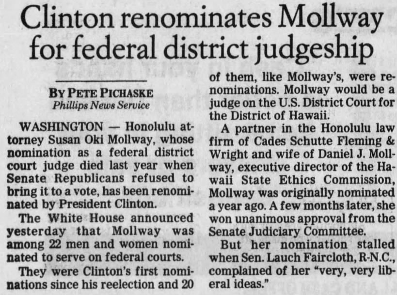 Clinton renominates Mollway for federal district judgeship