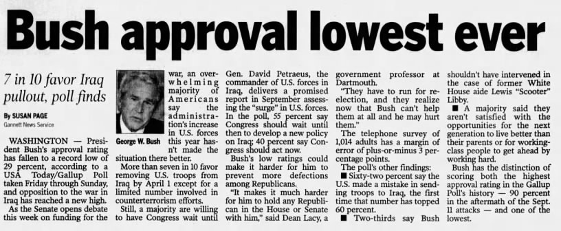 Bush approval lowest ever