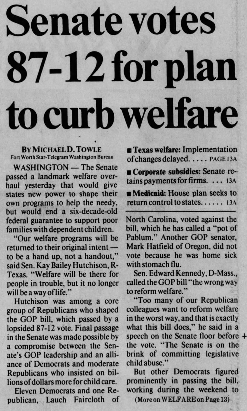 Senate votes 87-12 for plan to curb welfare