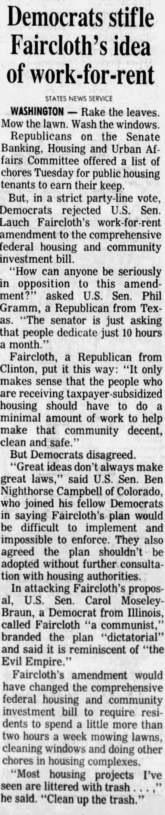 Democrats stifle Faircloth's idea of work-for-rent