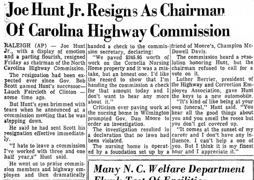 Joe Hunt Jr. Resigns as Chairman Of Carolina Highway Commission