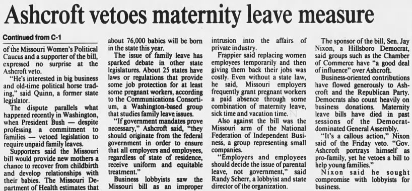 Ashcroft vetoes maternity leave measure