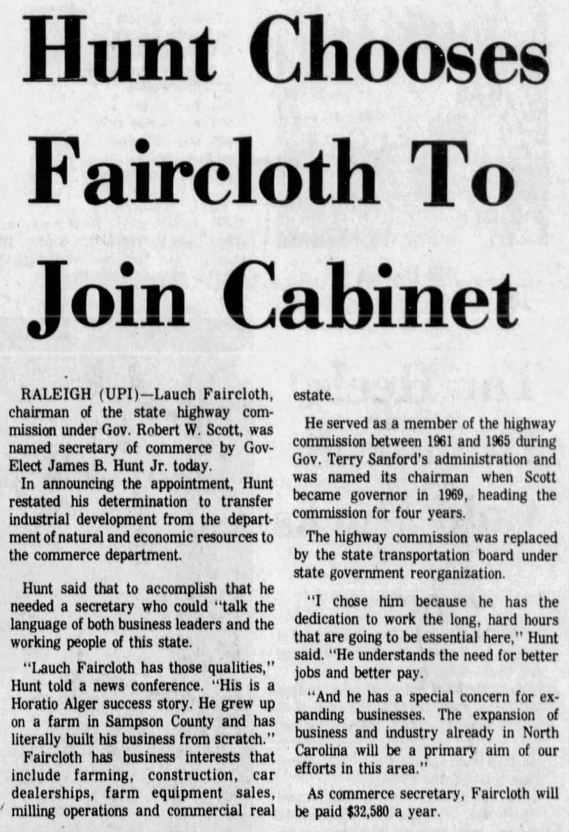Hunt Chooses Faircloth To Join Cabinet 
