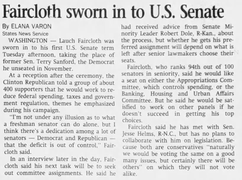 Faircloth sworn in to U.S. Senate