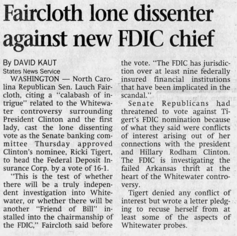 Faircloth lone dissenter against new FDIC chief