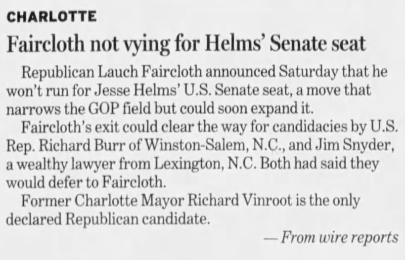 Faircloth not vying for Helms' Senate seat