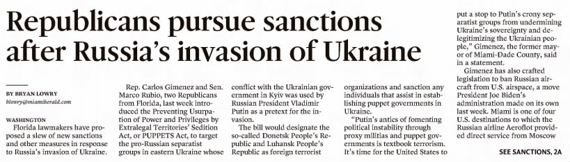 Republicans pursue sanctions after Russia's invasion of Ukraine