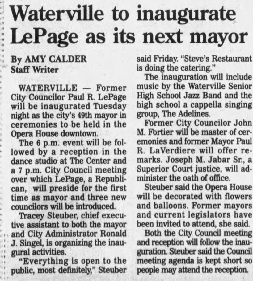 Waterville to inaugurate LePage as its next mayor