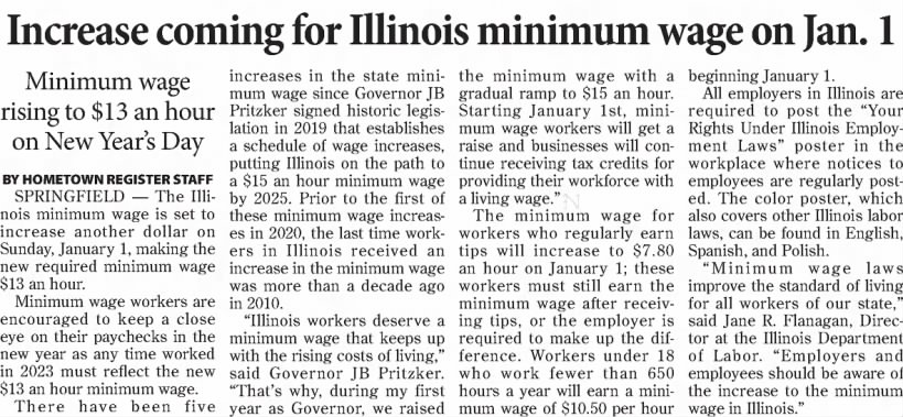 Increase coming for Illinois minimum wage on Jan. 1